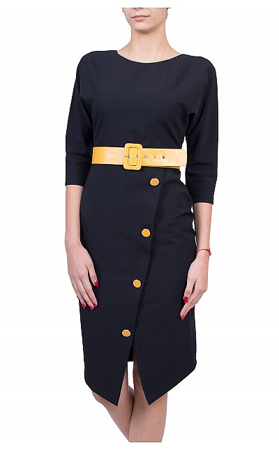 Black Lady's Dress with Yellow Belt R 6232 BLACK / 2020