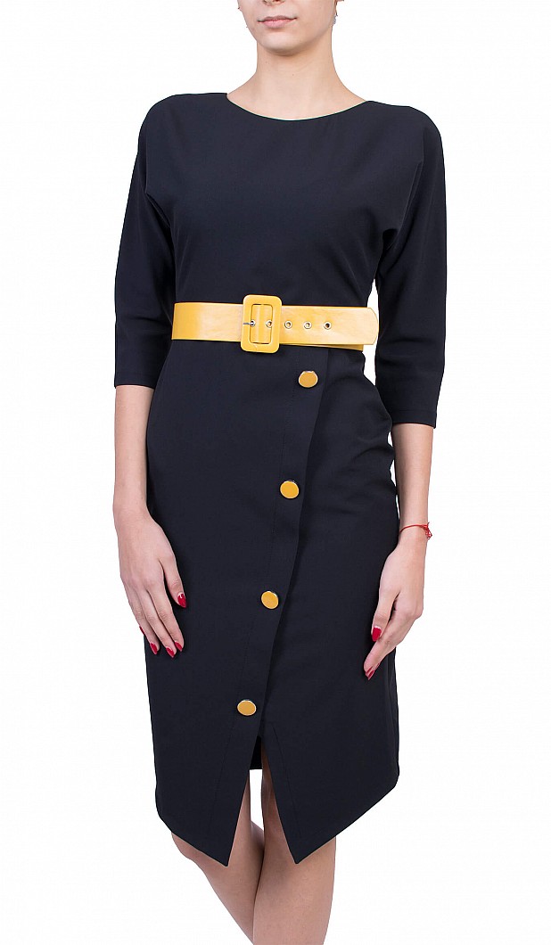Black Lady's Dress with Yellow Belt R 6232 BLACK / 2020