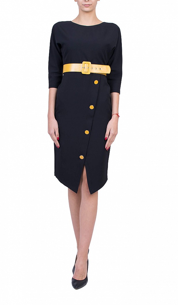 Black Lady's Dress with Yellow Belt R 6232 BLACK / 2020