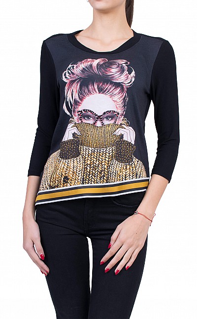 Knitted Women's Blouse with Stamp B 50728 BLACK / 2020