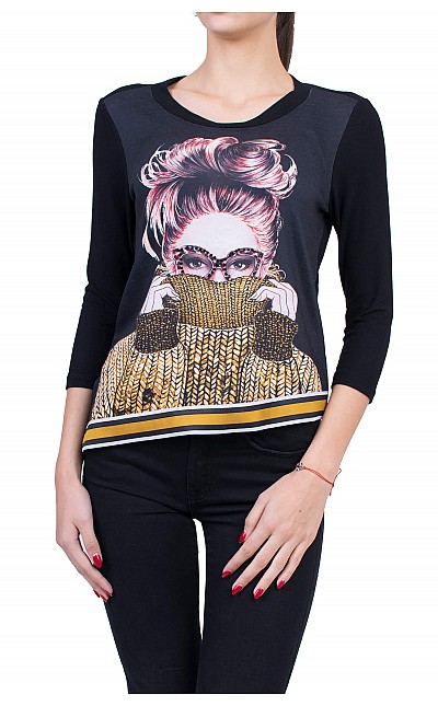 Knitted Women's Blouse with Stamp B 50728 BLACK / 2020