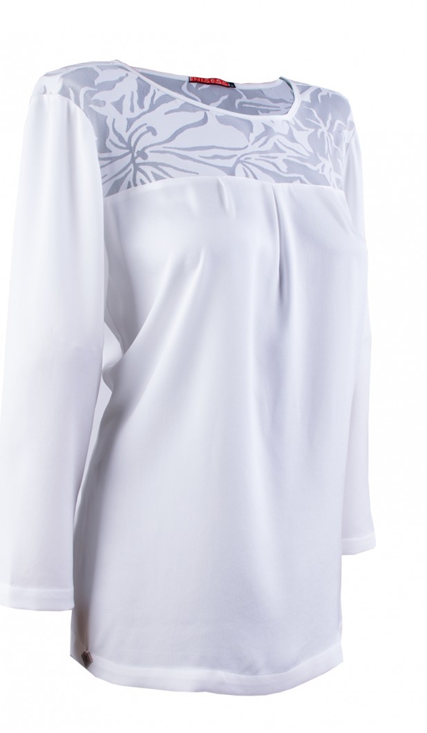 White Satin Blouse with Delicate Lace 23524 / 2023 White Satin Blouse with Delicate Lace 23524 / 2023