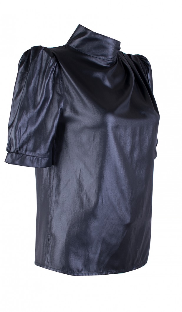 Elegant Black Blouse with Half Polo Collar and Short Sleeves 25115 Black / 2025
