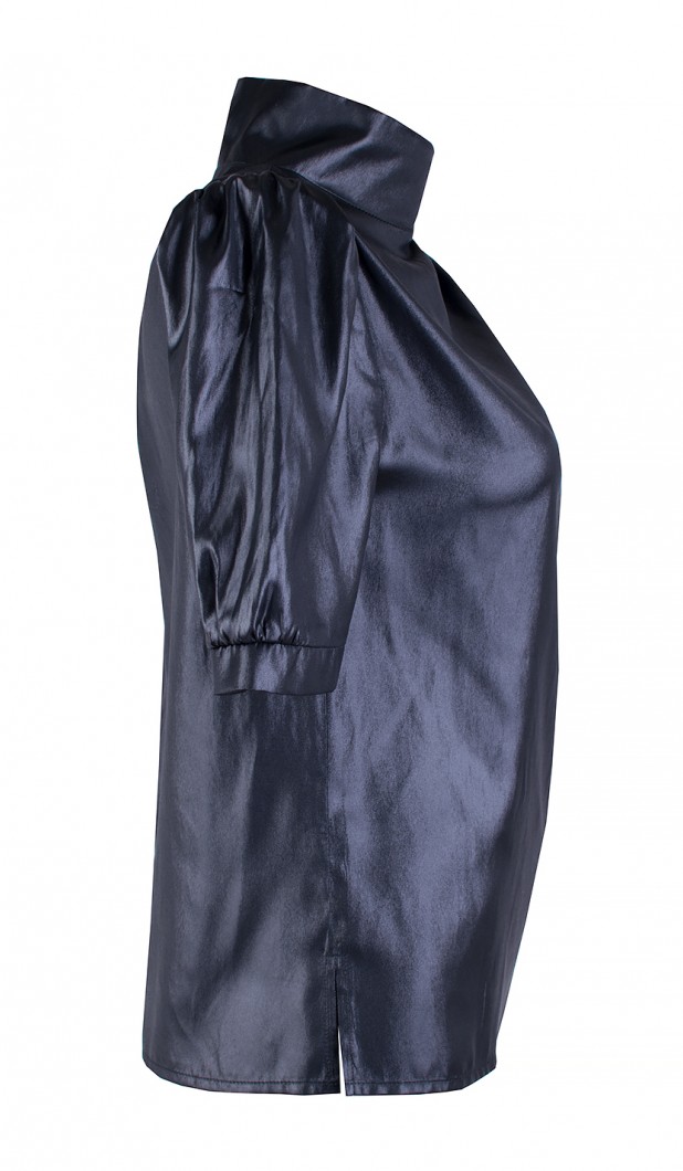 Elegant Black Blouse with Half Polo Collar and Short Sleeves 25115 Black / 2025