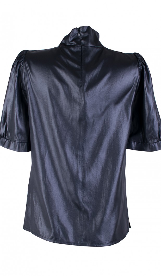 Elegant Black Blouse with Half Polo Collar and Short Sleeves 25115 Black / 2025