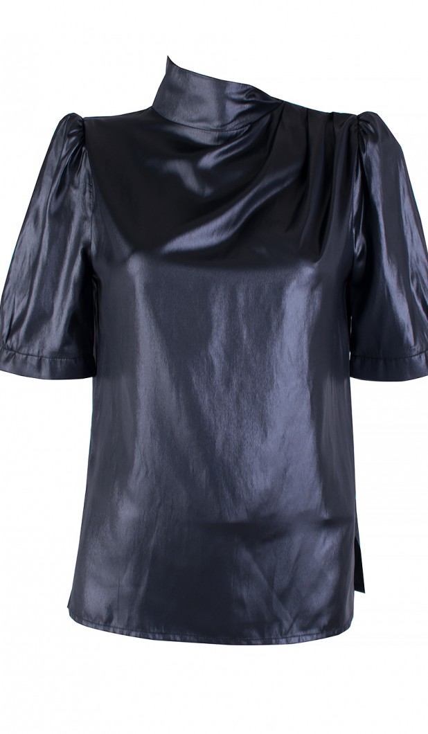 Elegant Black Blouse with Half Polo Collar and Short Sleeves 25115 Black / 2025