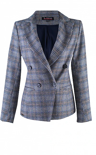 Wool Jacket in Gray and Blue Check with Double Breasted Closure 24526 / 2025
