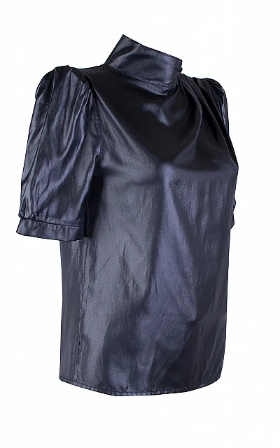Elegant Black Blouse with Half Polo Collar and Short Sleeves 25115 Black / 2025