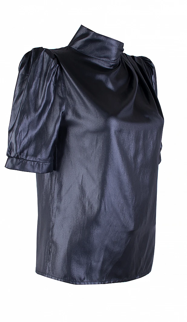 Elegant Black Blouse with Half Polo Collar and Short Sleeves 25115 Black / 2025