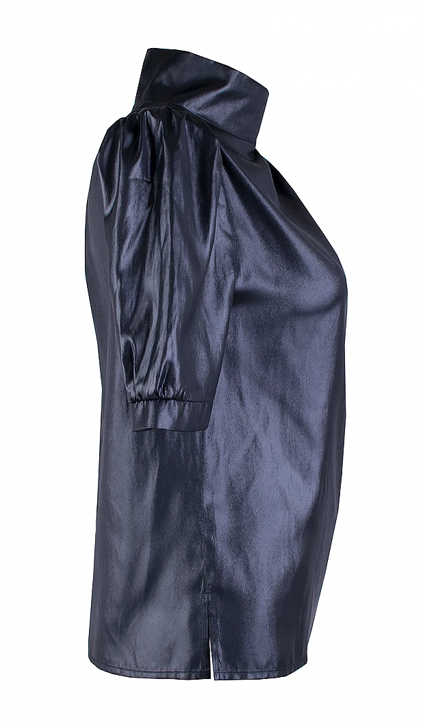 Elegant Black Blouse with Half Polo Collar and Short Sleeves 25115 Black / 2025