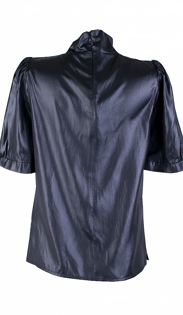 Elegant Black Blouse with Half Polo Collar and Short Sleeves 25115 Black / 2025