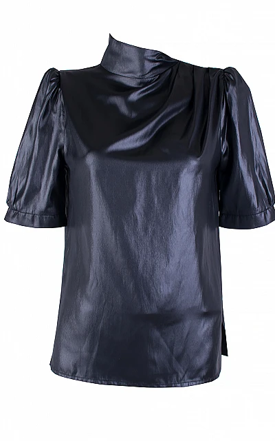 Elegant Black Blouse with Half Polo Collar and Short Sleeves 25115 Black / 2025