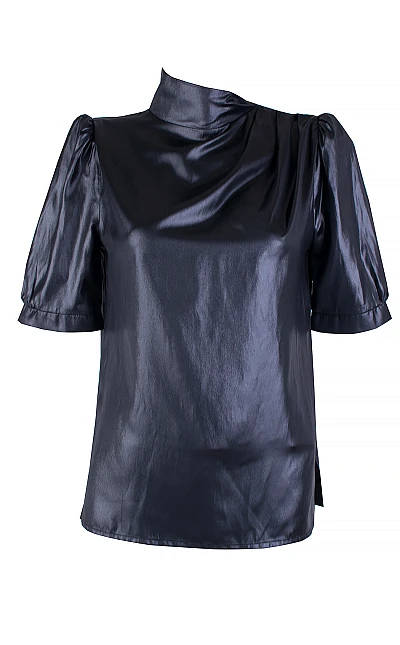 Elegant Black Blouse with Half Polo Collar and Short Sleeves 25115 Black / 2025
