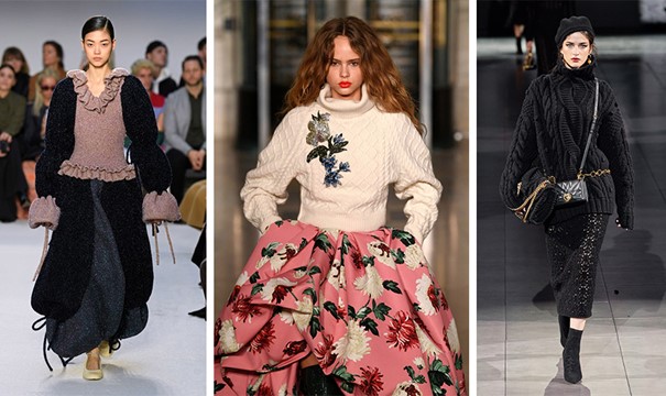От модните подиуми есен 2020-зима 2021: Романтична версия със специални ръкави и волани, Gucci // Дебел пуловер с апликационни цветя, Oscar de la Renta // Пуловер с дебела плетка върху дантелена пола, Dolce & Gabbana