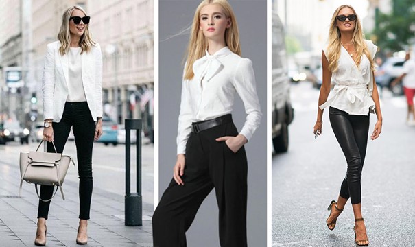 Класическата комбинация: черен панталон и бяла риза или блуза и яке във всички версии остава актуална