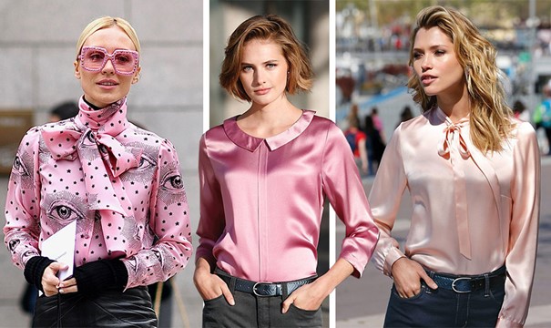 Различните "лица" на розова копринена риза: със специален дизайн, с романтично настроение и тънка яка, в пастелни нюанси и женствена линия.  Носете го с всеки черен панталон!