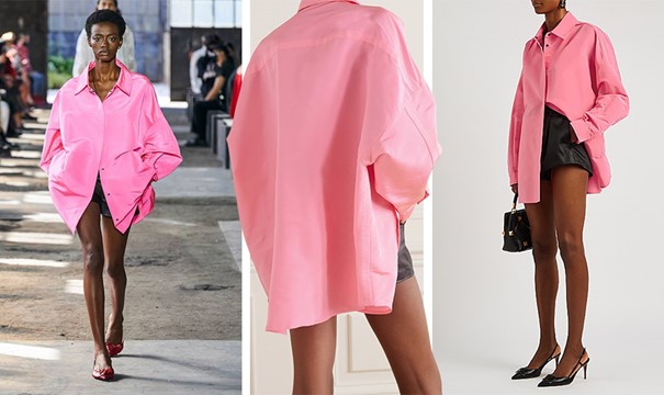 Свръхголяма риза от копринена розова фуксия Valentino впечатли както със своя обем, така и с „блестящия“ нюанс на фуксия в лъскава коприна в комбинация с кожени шорти